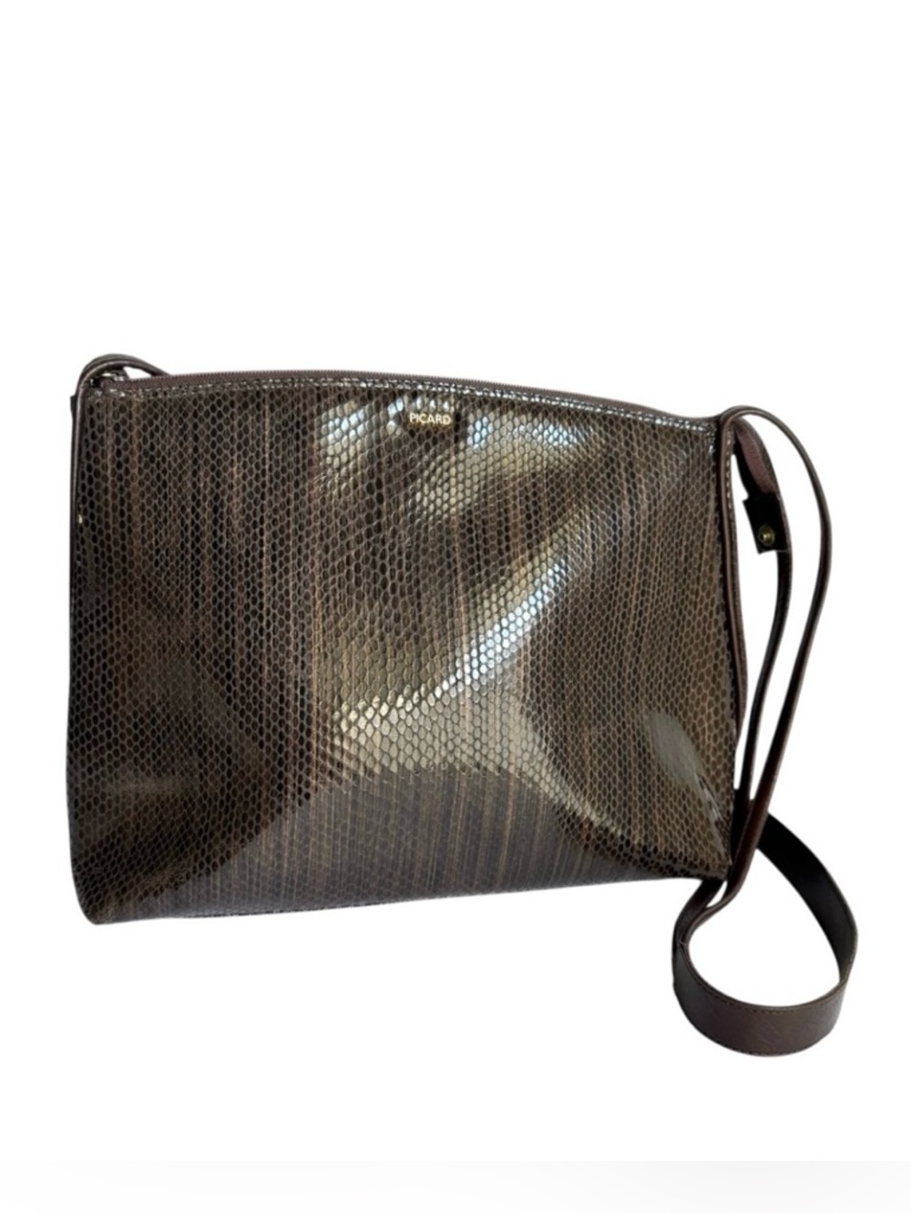 PICARD Snakeskin‎ Embossed Leather Shoulder Bag Brown Reptile Purse Germany Vtg